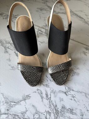 BCBGeneration Black and Silver Open-Toe Slingback Heels